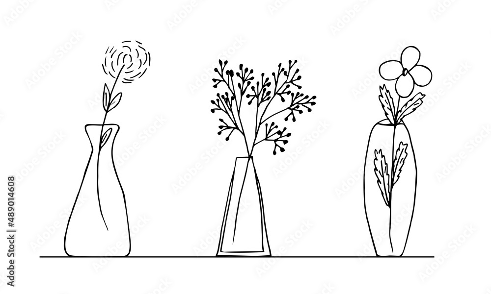 set of spring and summer flowers in hand-drawn doodle style vases. Vector illustration isolated on white background black lines set of spring and summer flowers in hand-drawn doodle style vases. Vector illustration isolated on white background black lines