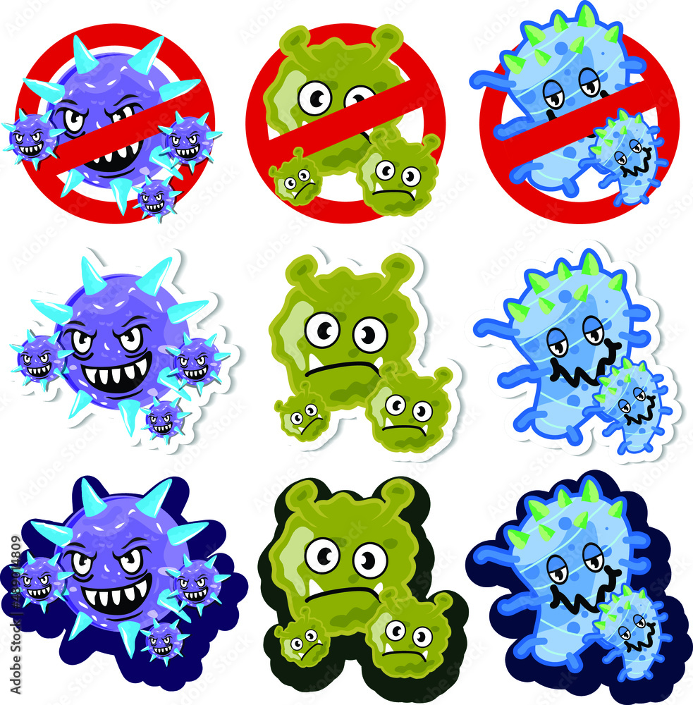 Obraz premium Virus cartoon character illustration. Virus sticker vector