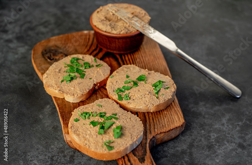 Toasts with beef and pork pate on stone background