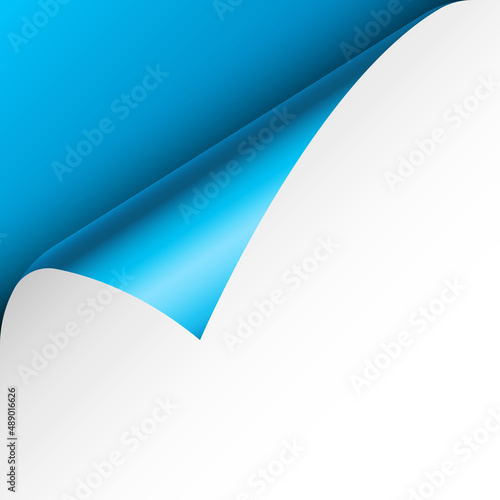 Blue paper curl. Curled page corner with shadow. Blank sheet of paper. Colorful shiny foil. Design element for advertising and promotion. Vector illustration.