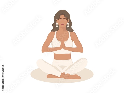Woman in white clothes meditating in lotus position. Concept illustration for yoga, meditation, relax, recreation, healthy lifestyle. Vector illustration in flat cartoon style. White background.