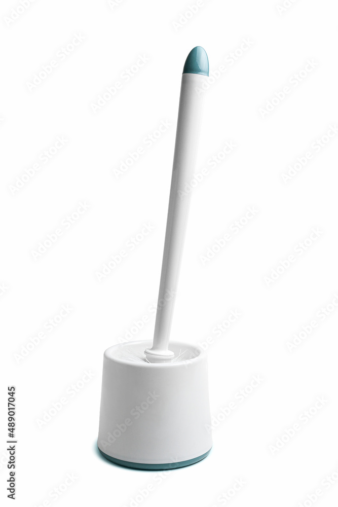 White plastic toilet brush in bowl isolated on white background. Tool for cleaning and hygiene of the toilet bowl. White plastic toilet brush in bowl isolated on white background. Tool for cleaning and hygiene of the toilet bowl.