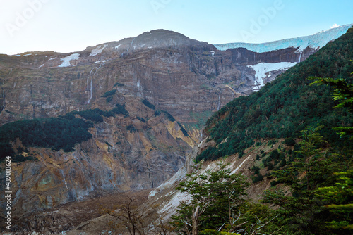 glacier on cerro tronador, ice on the rocks of the mountain tourist place in bariloche