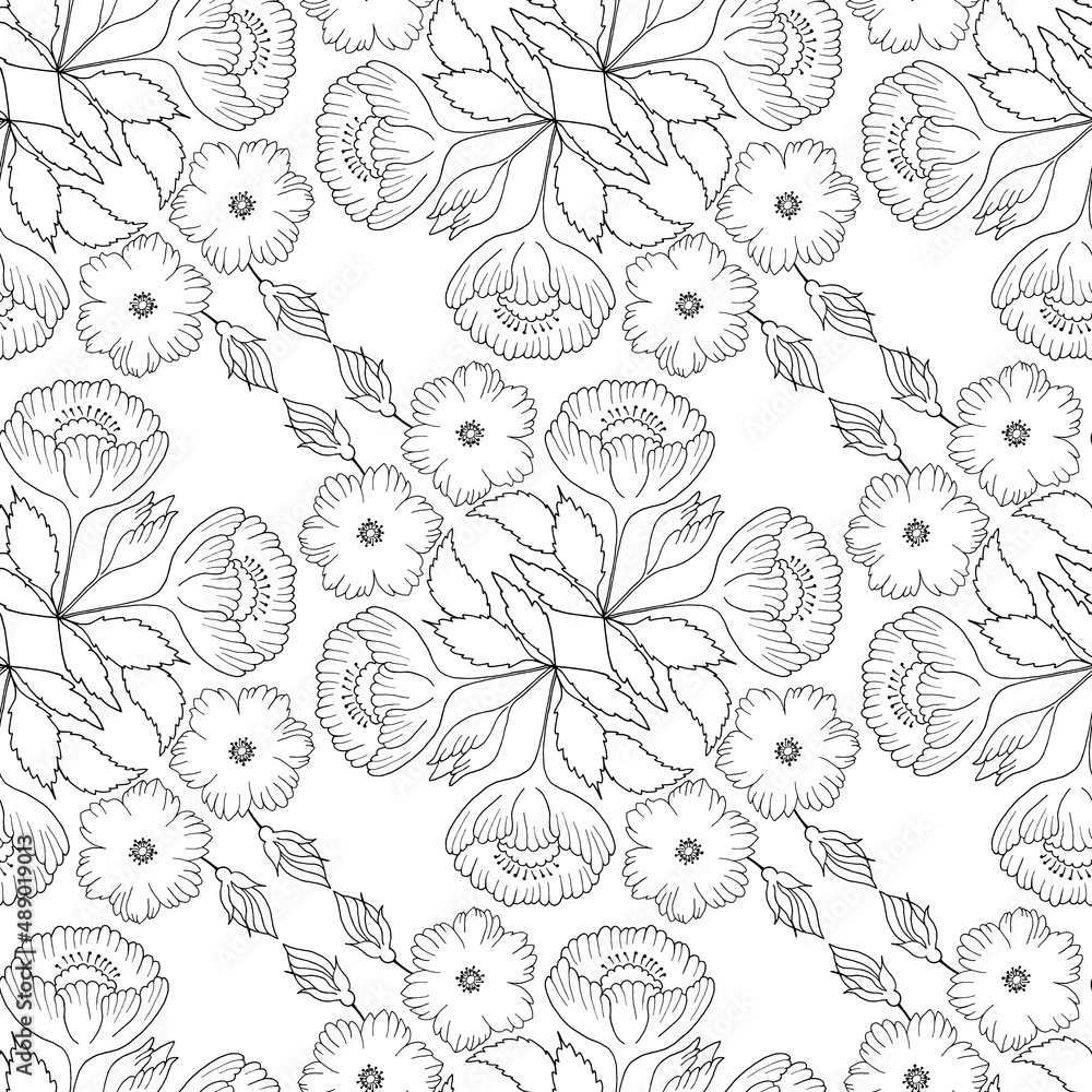 Fototapeta premium Seamless pattern black and white diagonal print with bouquets of decorative floral elements, hand drawn in black outline.
