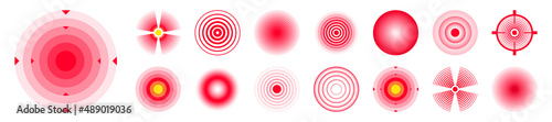 Pain localization marks. Painful area, aching spot. Red circles, targets. Headache, bruised body part marker. Back, neck, muscle pain symbol. Healthcare ad, medical information. Vector illustration.