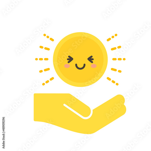 キラキラ光るすごく嬉しそうな笑顔のコインと手のアイコン - 収入・ポイント獲得のイメージ素材
