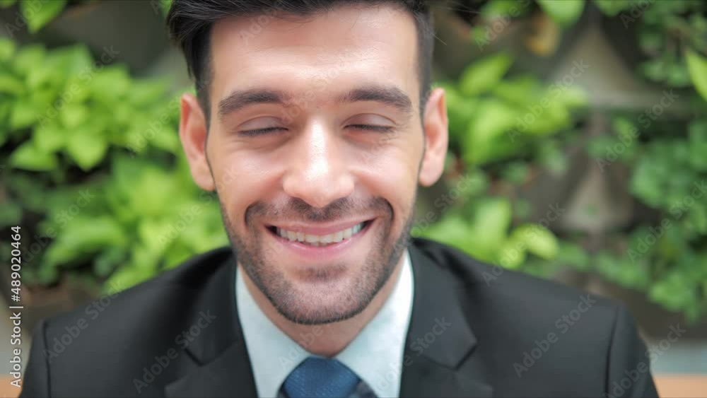 Smiling professional businessman wearing elegant suit looking at camera with green leaves background in office. Close up face view business portrait. Smiling professional businessman wearing elegant suit looking at camera with green leaves background in office. Close up face view business portrait.