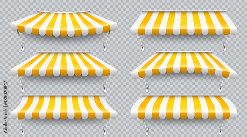 Shop sunshade with metal mount. Realistic yellow striped cafe awning. Outdoor market tent. Roof canopy. Summer street store. Vector illustration.