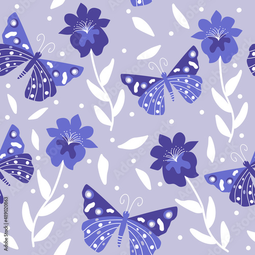 Beautiful abstract very peri seamless vector pattern background illustration with cartoon butterflies and flowers	