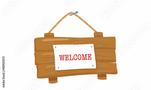 Welcome wooden sign board with texture in cartoon style. Opening hours, attention, entrance. Vector stock illustration isolated on white background for information post on the doors. 