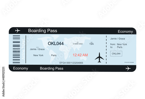 Airline ticket or boarding pass for traveling by airplane. Vector image on white background