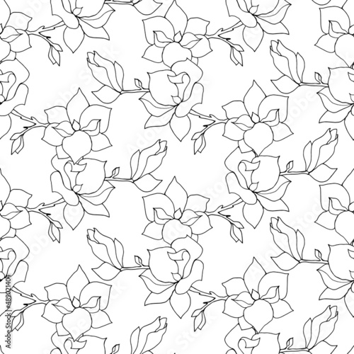 Seamless pattern black and white print with bouquets of branches of flowering magnolias  hand drawn in black outline.