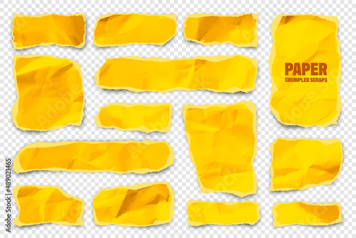 Yellow ripped paper strips. Realistic colorful crumpled paper scraps with torn edges. Shreds of notebook pages. Vector illustration