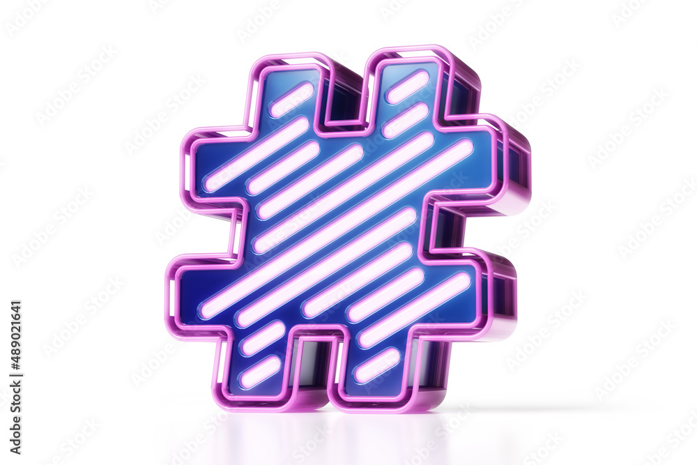 Fototapeta premium Cyberpunk style hashtag 3D symbol in blue and purple. High quality 3D rendering.