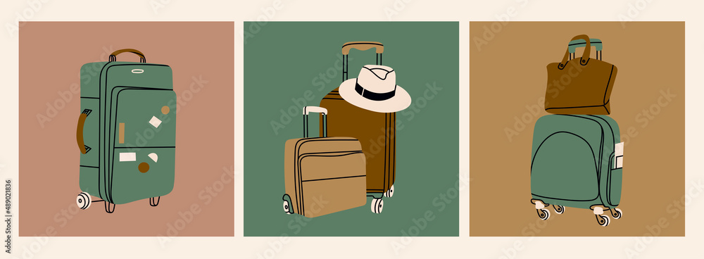 Vecteur Stock Various luggage bags, suitcases, baggage, travel bags.  Vacation, travel, holiday concept. Hand drawn Vector set. Colorful trendy  illustrations. Cartoon style. Flat design. All elements are isolated |  Adobe Stock