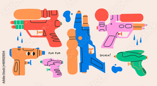 Set of various water Guns. Plastic summer toys for children. Space laser guns design. Cartoon style pump pistols. Hand drawn modern Vector illustrations. All elements are isolated