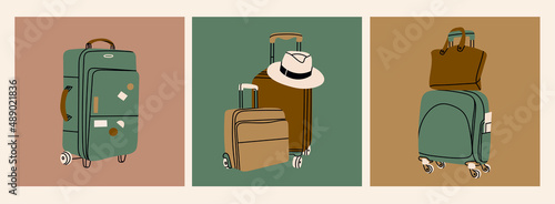 Various luggage bags, suitcases, baggage, travel bags. Vacation, travel, holiday concept. Hand drawn Vector set. Colorful trendy illustrations. Cartoon style. Flat design. All elements are isolated