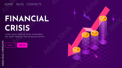 Financial crisis. Descending arrow on stacks of coins. Loss symbol. Landing page