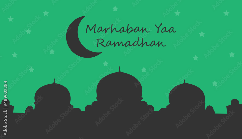 Greeting of marhaban ya ramadhan with lettering. Eid mubarak, green background and silhouette mosque template. (English: Welcome Ramadan) Greeting of marhaban ya ramadhan with lettering. Eid mubarak, green background and silhouette mosque template. (English: Welcome Ramadan)