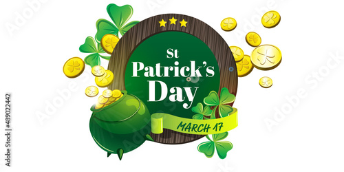 Magic treasure pot illustration with green clovers and gold coins - St patrick theme banner