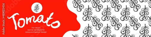 Banner organic ingredients, template design for healthy food concept, vegetarian food banner for cherry tomatoes background, eco store and farmers market. Tomato pattern for homemade cooking courses.