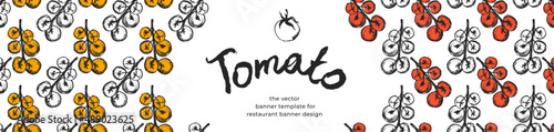 Banner organic ingredients, template design for healthy food concept, vegetarian food banner for cherry tomatoes background, eco store and farmers market. Tomato pattern for homemade cooking courses.