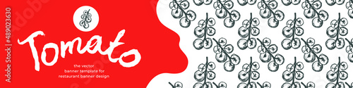 Banner organic ingredients, template design for healthy food concept, vegetarian food banner for cherry tomatoes background, eco store and farmers market. Tomato pattern for homemade cooking courses.