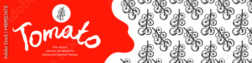 Banner organic ingredients, template design for healthy food concept, vegetarian food banner for cherry tomatoes background, eco store and farmers market. Tomato pattern for homemade cooking courses.