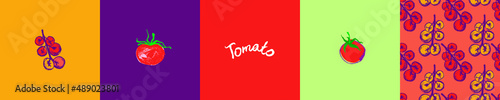Vector set of design elements with Cherry tomatoes seamless pattern for label tomato paste, agro logo, tomato juice packaging. Hand-drawn vegetarian symbol. Organic vegetable background. Vegan sign.