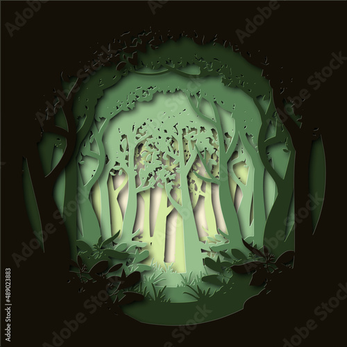 illustration Forest. Trendy origami deep paper cut style.