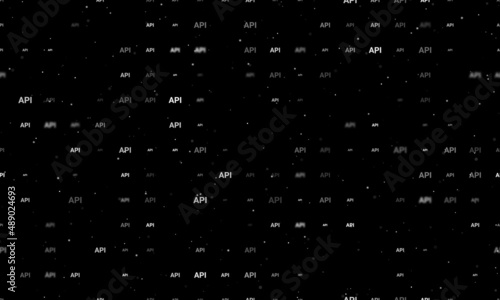 Seamless background pattern of evenly spaced white api symbols of different sizes and opacity. Vector illustration on black background with stars