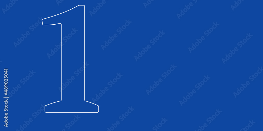 A large white outline number one symbol on the left. Designed as thin white lines. Vector illustration on blue background A large white outline number one symbol on the left. Designed as thin white lines. Vector illustration on blue background