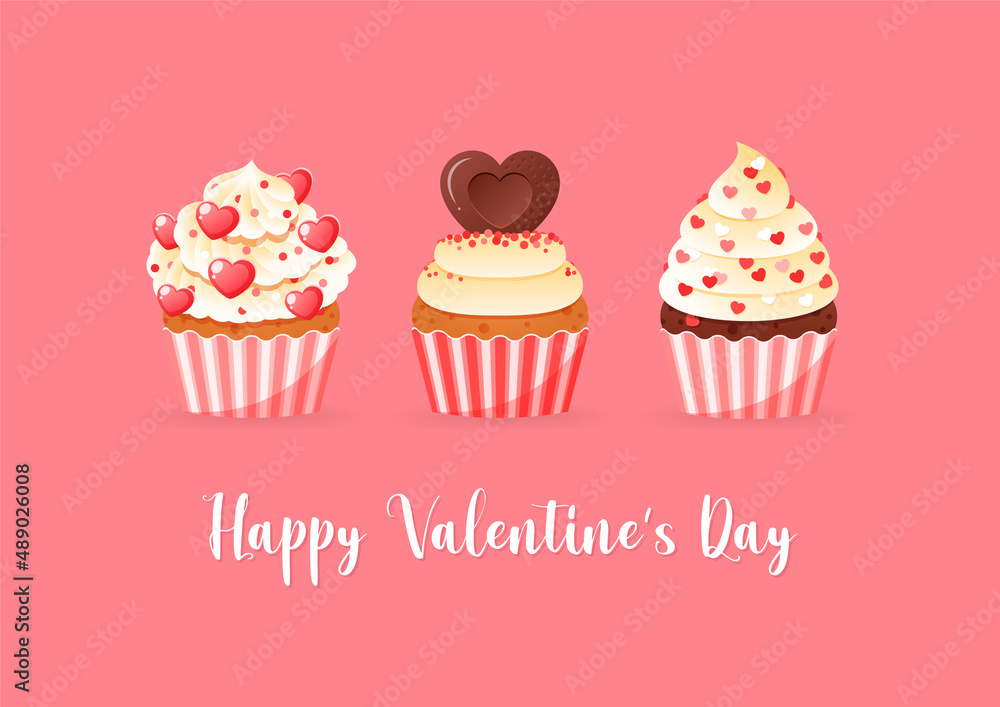 Happy Valentine's day card decorated with cartoon cupcakes. Collection of sweet muffins with a cream, strawberry and hearts. Vector illustration 10 EPS. Happy Valentine's day card decorated with cartoon cupcakes. Collection of sweet muffins with a cream, strawberry and hearts. Vector illustration 10 EPS.