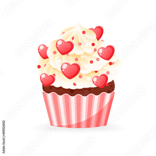 Cute Valentine's day cupcake icon. Cartoon illustration of sweet muffin decorated with a cream and hearts. Vector 10 EPS.