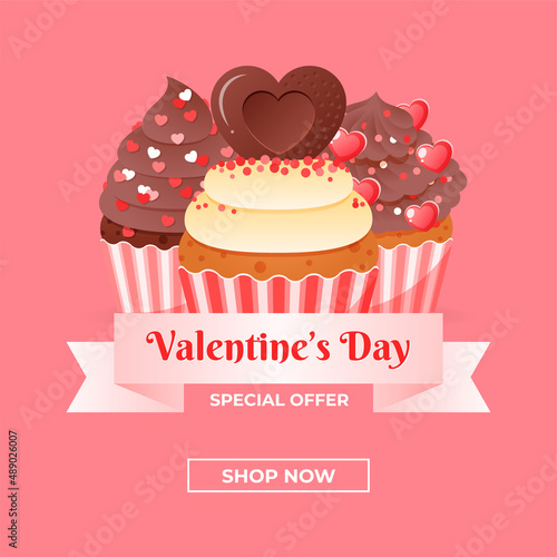 Valentine s day special offer banner template. Illustration of cupcakes decorated with cream and hearts. Vector 10 EPS. 