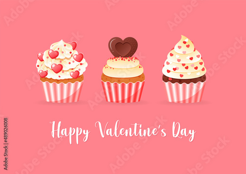 Happy Valentine s day card decorated with cartoon cupcakes. Collection of sweet muffins with a cream  strawberry and hearts. Vector illustration 10 EPS.