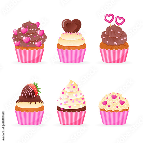 Set of cute Valentine's day cupcake icon. Cartoon illustration of sweet muffins decorated with a cream and hearts. Vector 10 EPS.
