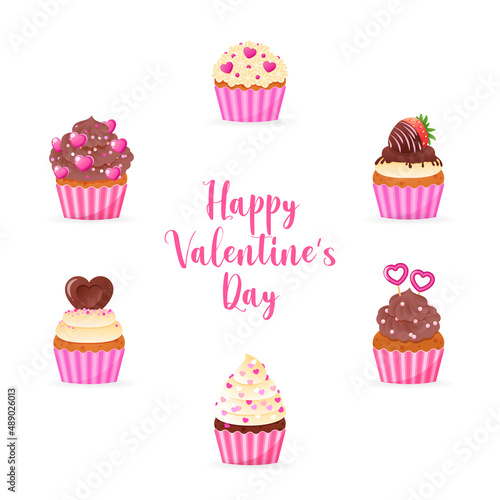Happy Valentine's day card decorated with cartoon cupcakes. Collection of sweet muffins with a cream, strawberry and hearts. Vector illustration 10 EPS.