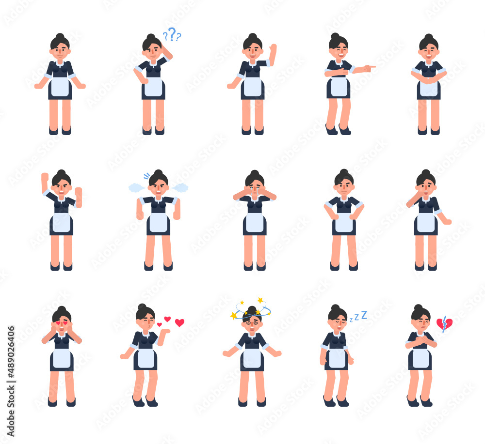 Set of housemaid characters showing various emotions. Cheerful maid laughing, crying, sad, angry, in love, dazed, tired and other expressions. Modern vector illustration