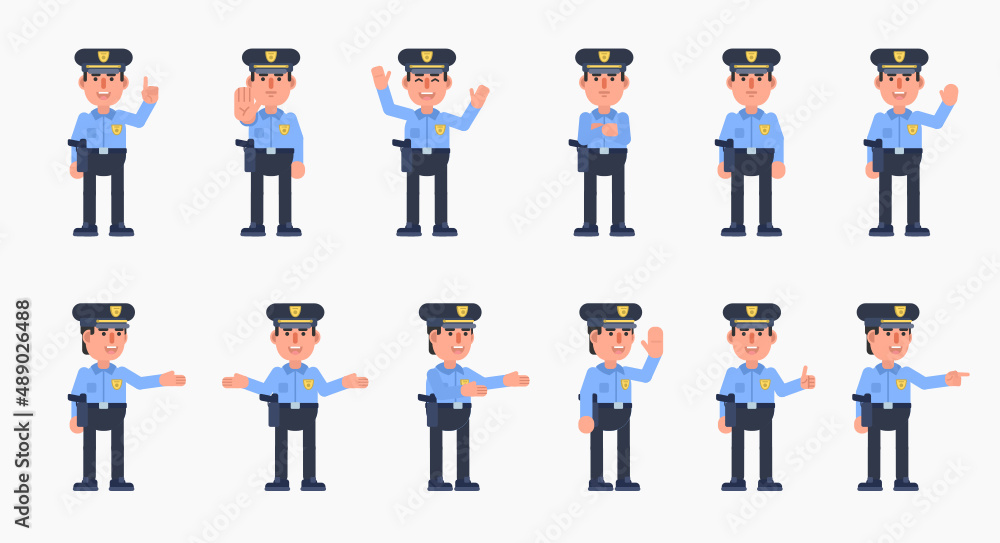 Set of policeman characters showing various hand gestures. Police officer pointing, greeting, showing thumb up, stop sign and other gestures. Modern vector illustration