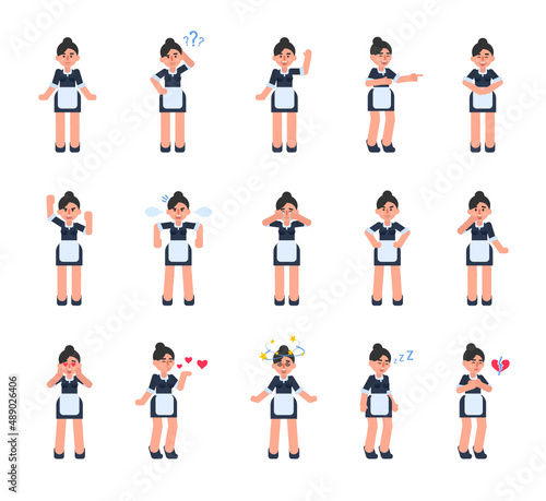 Set of housemaid characters showing various emotions. Cheerful maid laughing, crying, sad, angry, in love, dazed, tired and other expressions. Modern vector illustration