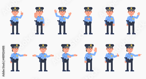 Set of policeman characters showing various hand gestures. Police officer pointing, greeting, showing thumb up, stop sign and other gestures. Modern vector illustration