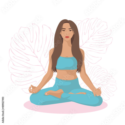 Girl sitting in lotus pose. Yoga flat illustration on white background.