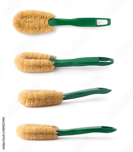 coconut coir fiber brush with plastic handle, house cleaning and scrubbing tool, isolated on white background,taken in different angles, collection