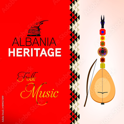 Albanian folk music instruments, heritage, lute, invitation, poster