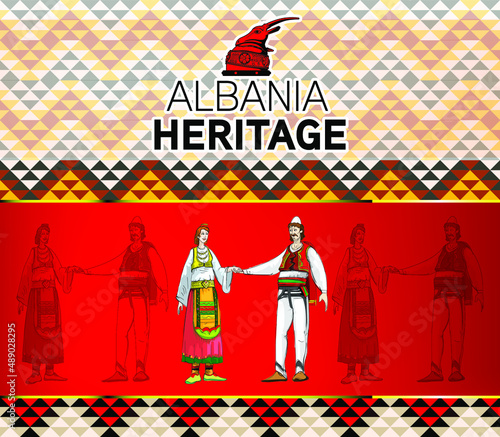 Albanian folk dress couple, heritage, invitation, poster