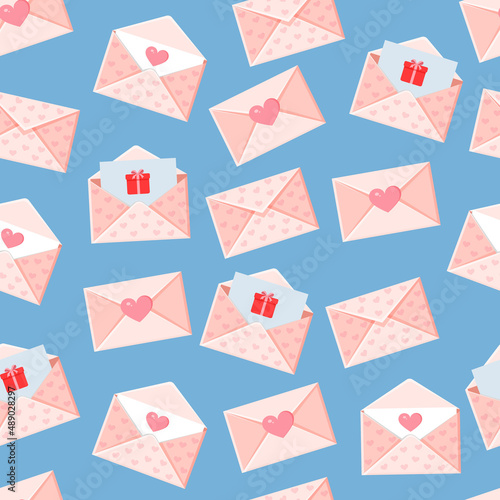 Seamless pattern with envelopes, letters and hearts. Vector texture illustration for valentine's day and other holidays for postcard, textile, decor, paper, texture, wrapping. © Irina Anashkevich