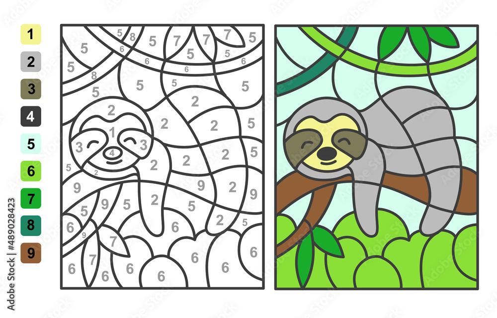 Color by numbers lazy creature sloth Animal. Puzzle game for children education, colors for drawing and learning mathematics Stock Vector | Adobe Stock Color by numbers lazy creature sloth Animal. Puzzle game for children education, colors for drawing and learning mathematics Stock Vector | Adobe Stock