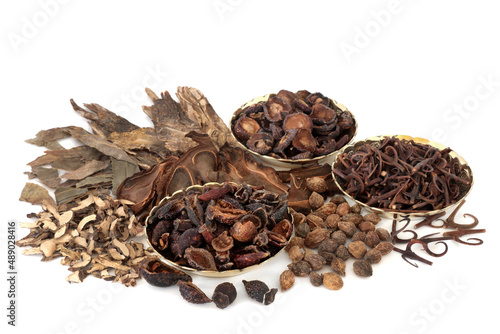 Chinese herbal medicine with herbs and spice used in ancient and traditional healing remedies. Natural plant medicine. On white background. photo