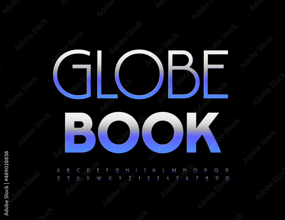 Vector trendy Emblem Globe. Book. Stylish Metallic Font. Artistic Alphabet Letters and Numbers set